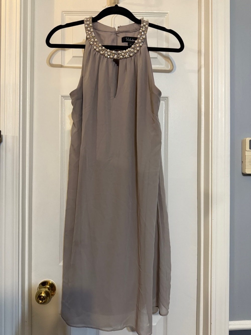 S.L. Fashions Taupe Pearl-Trim Halo Neck Midi Dress